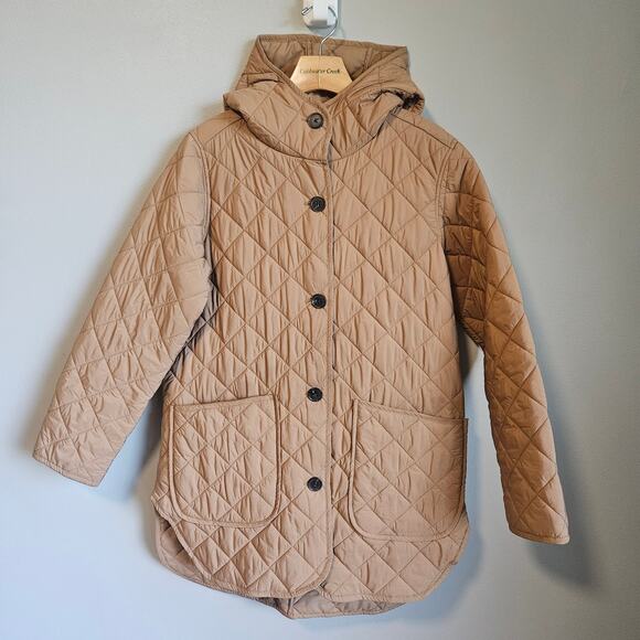 Old Navy Coat Womens Small Tan Quilted Hooded Jacket Button Front Pockets Casual - Picture 1 of 16